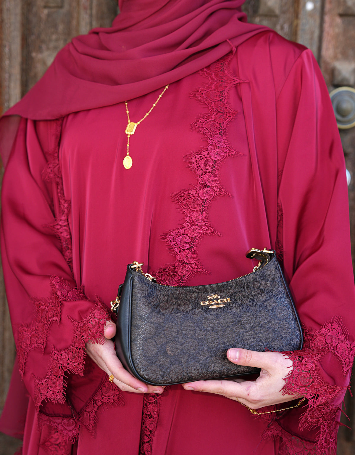 Lace Abaya - Cherry