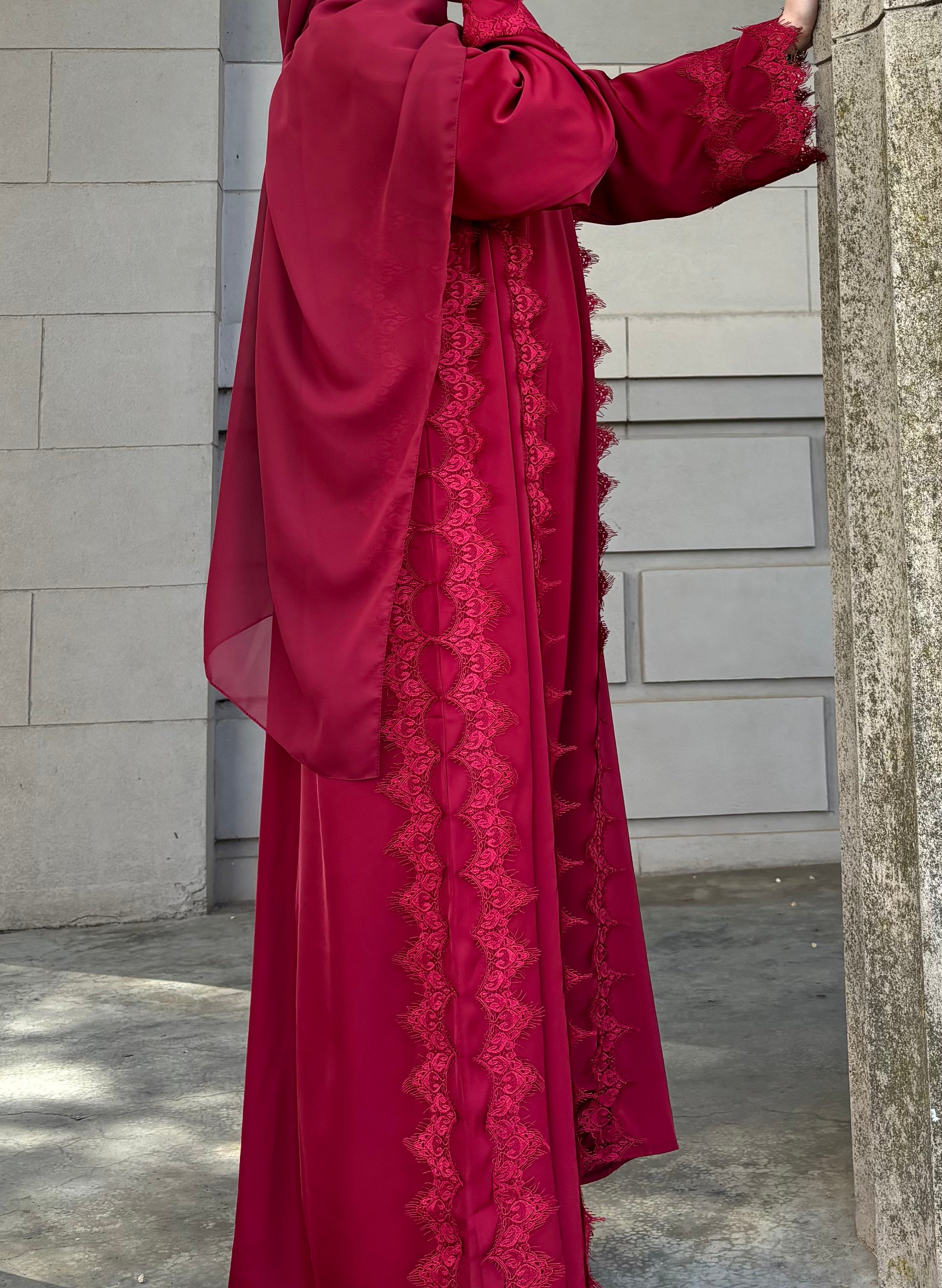 Lace Abaya - Cherry