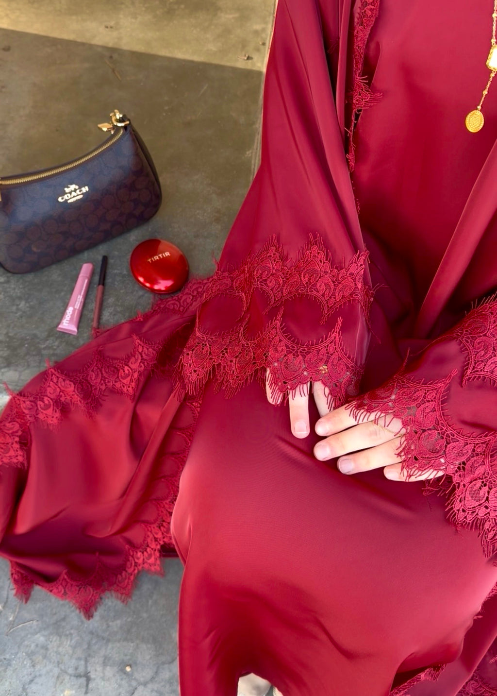Lace Abaya - Cherry
